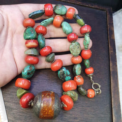 Antique tibetan big silver caped bead, turquoise and coral beaded necklace 168g