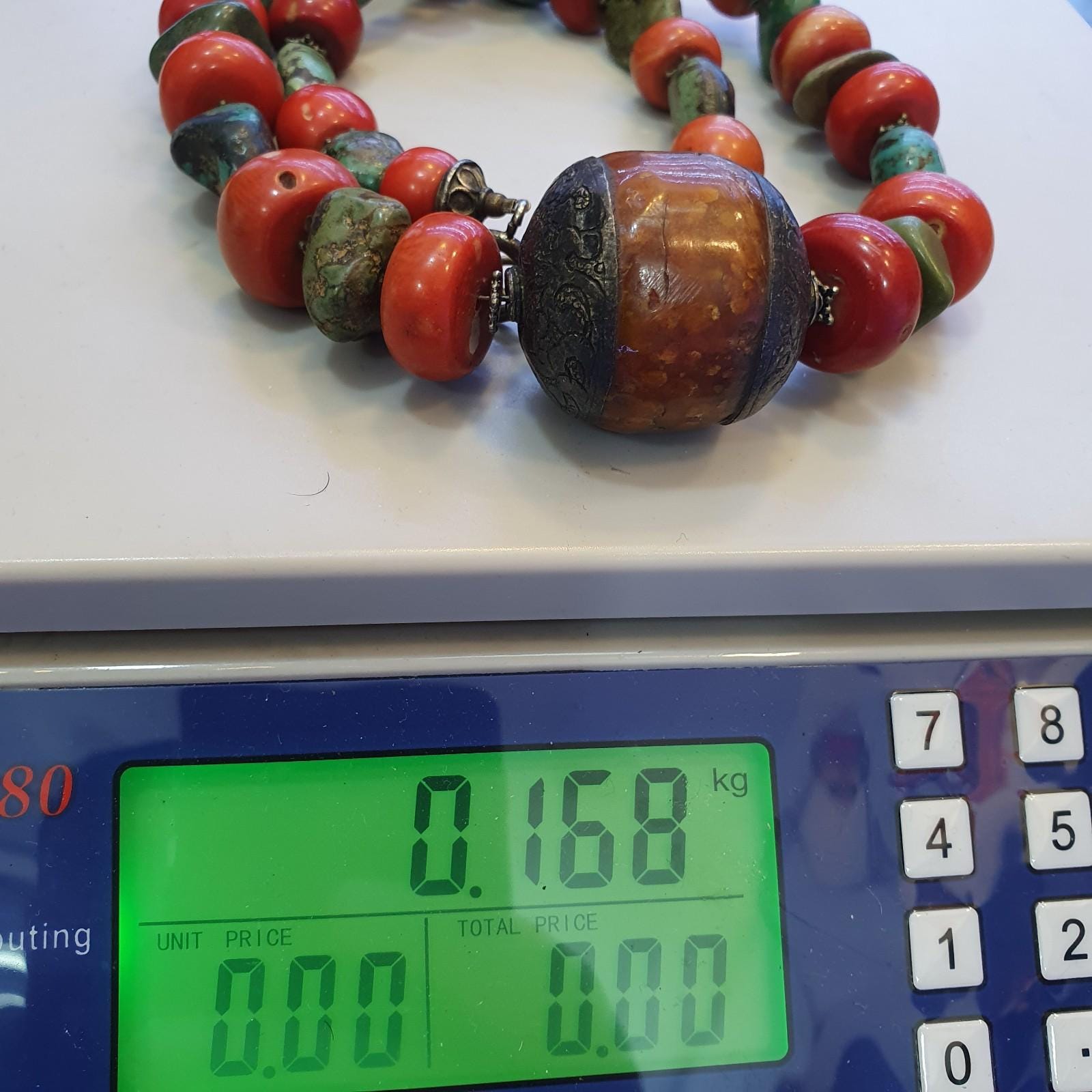 Antique tibetan big silver caped bead, turquoise and coral beaded necklace 168g