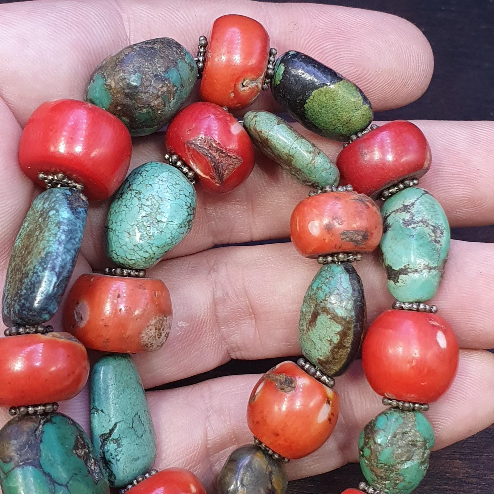 Antique tibetan big silver caped bead, turquoise and coral beaded necklace 168g