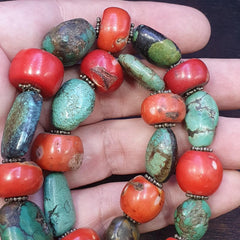 Antique tibetan big silver caped bead, turquoise and coral beaded necklace 168g