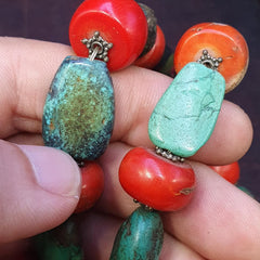 Antique tibetan big silver caped bead, turquoise and coral beaded necklace 168g