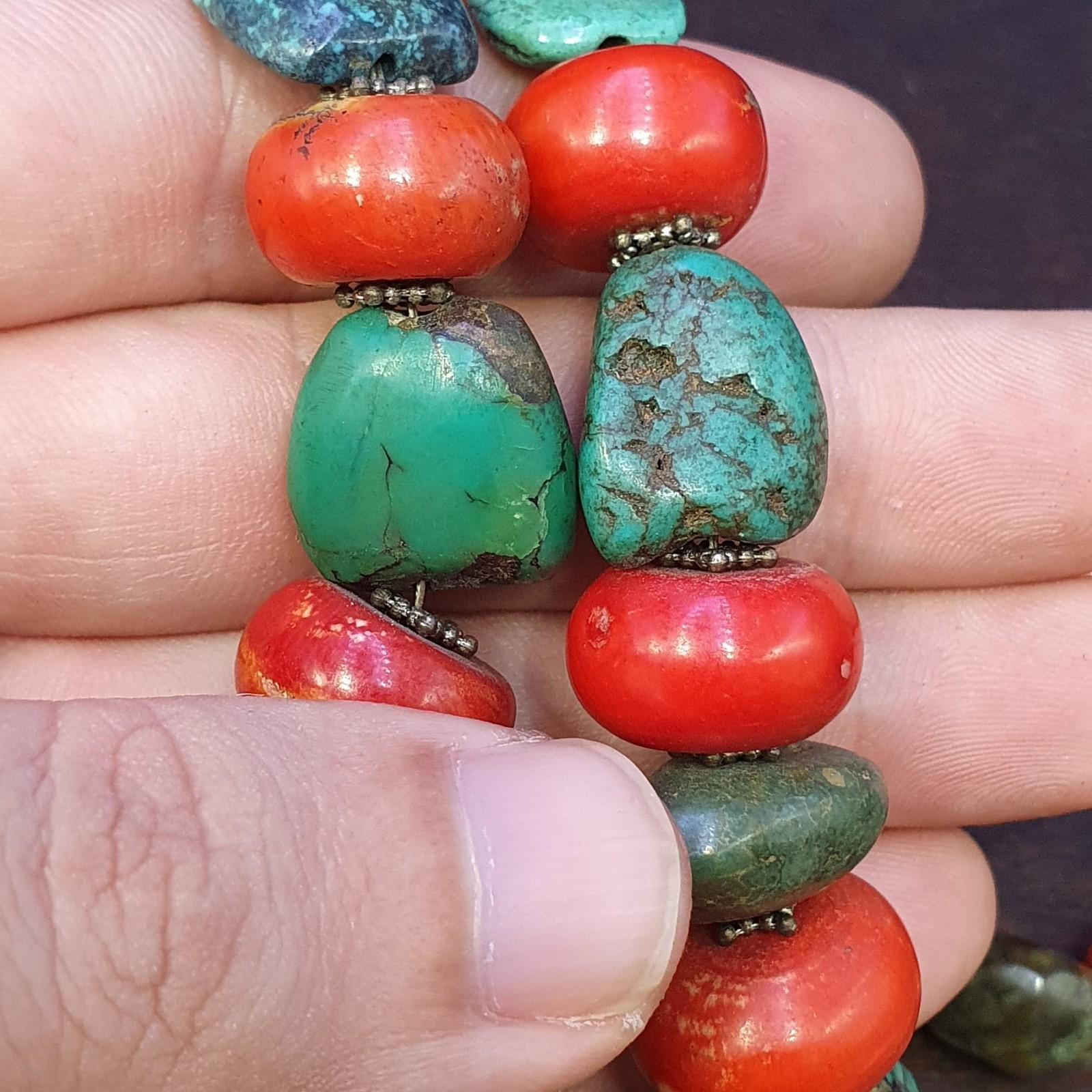 Antique tibetan big silver caped bead, turquoise and coral beaded necklace 168g