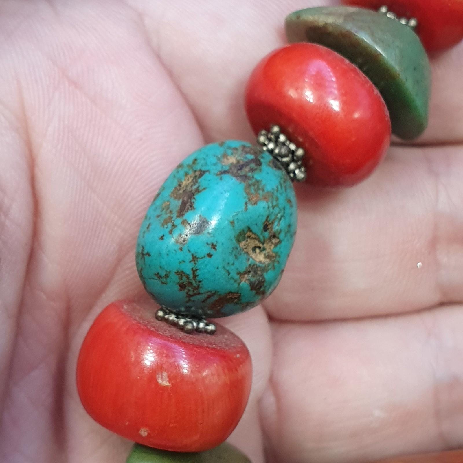 Antique tibetan big silver caped bead, turquoise and coral beaded necklace 168g