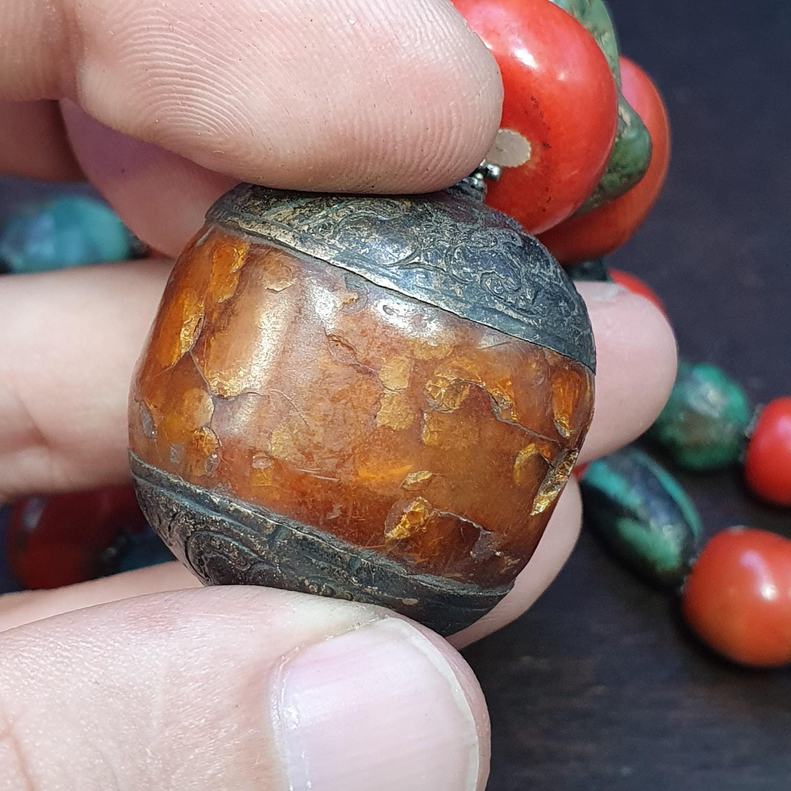 Antique tibetan big silver caped bead, turquoise and coral beaded necklace 168g