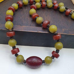 Himalayan Serpentine Jade & Carnelian Bead Necklace, Ethnic, Healing Stones