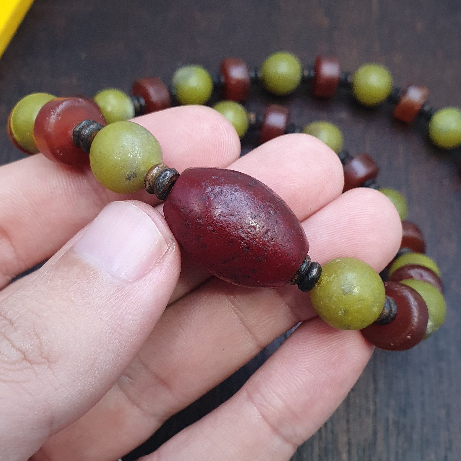 Himalayan Serpentine Jade & Carnelian Bead Necklace, Ethnic, Healing Stones