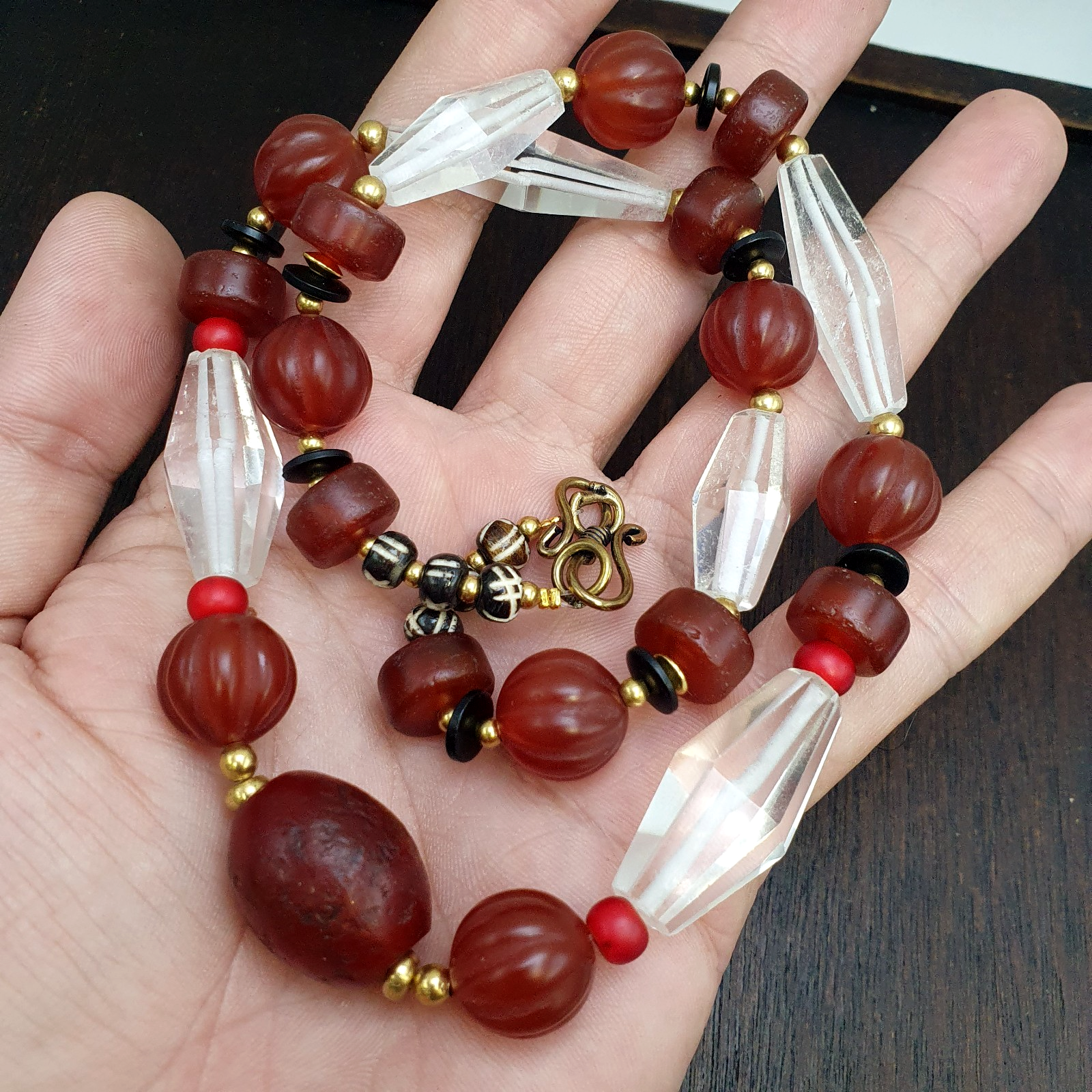 Himalayan Indo Tibetan Agate Carnelian Himalayan Crystal quartz  Amulet Necklace