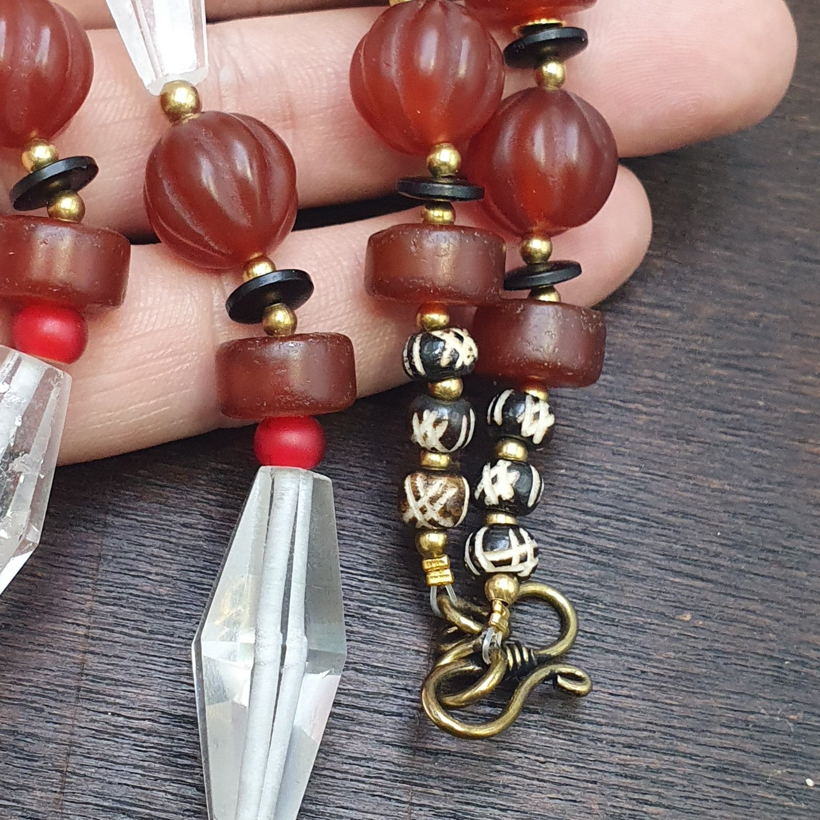 Himalayan Indo Tibetan Agate Carnelian Himalayan Crystal quartz  Amulet Necklace