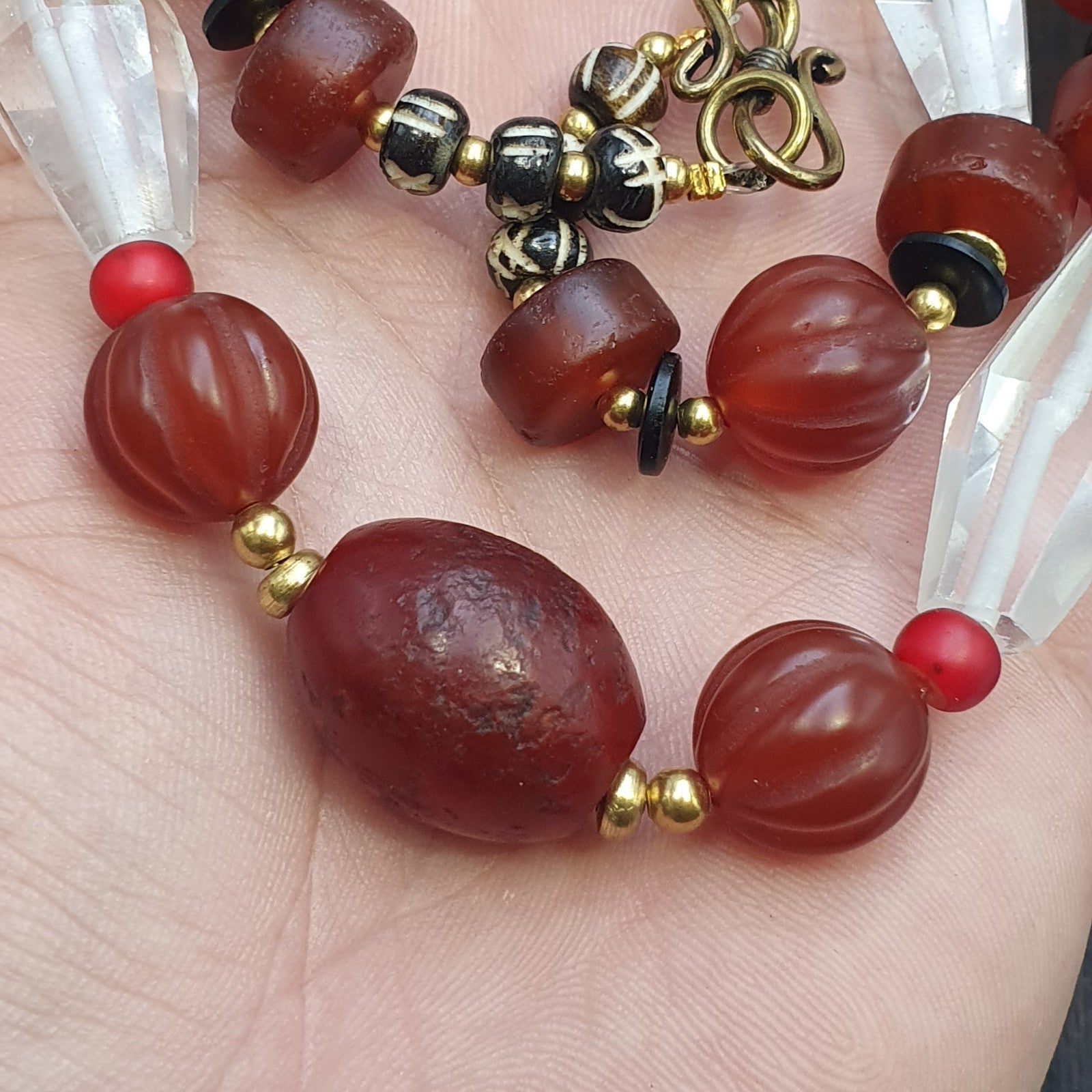 Himalayan Indo Tibetan Agate Carnelian Himalayan Crystal quartz  Amulet Necklace