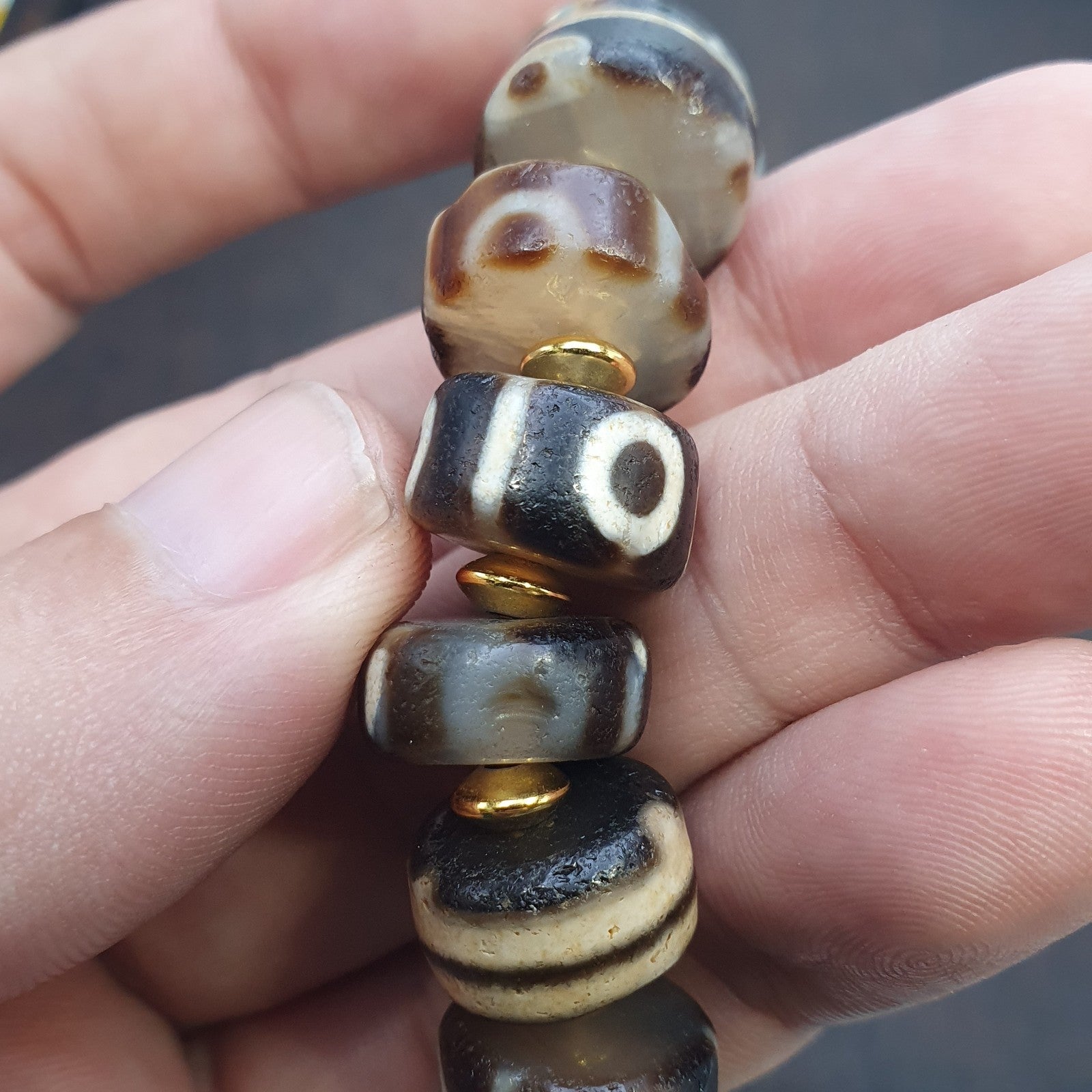 Tibetan nepalese dzi beads bracelet handmade cylindrical beads, gold spacers
