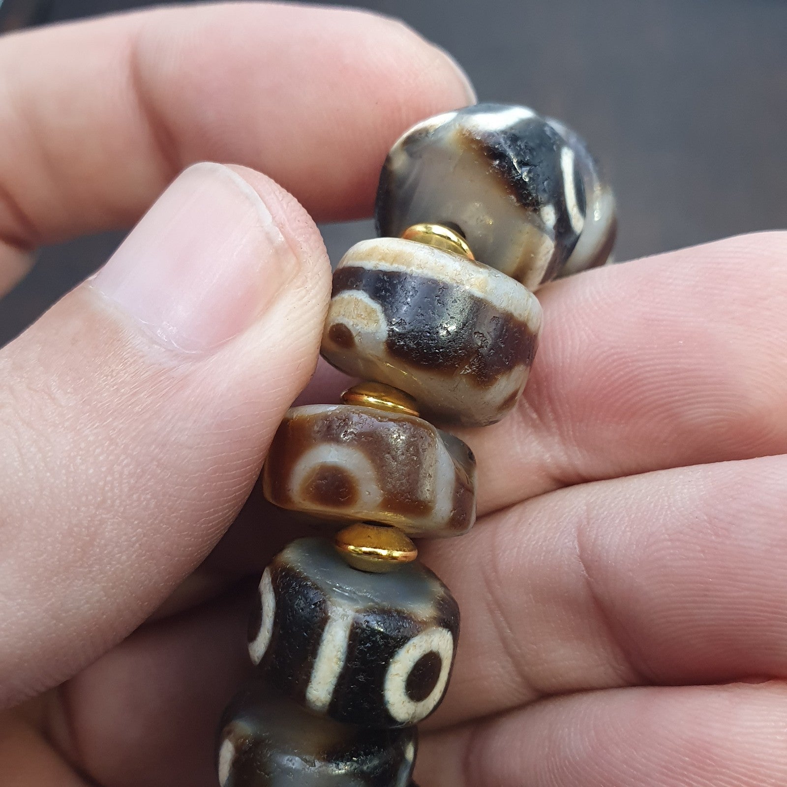 Tibetan nepalese dzi beads bracelet handmade cylindrical beads, gold spacers