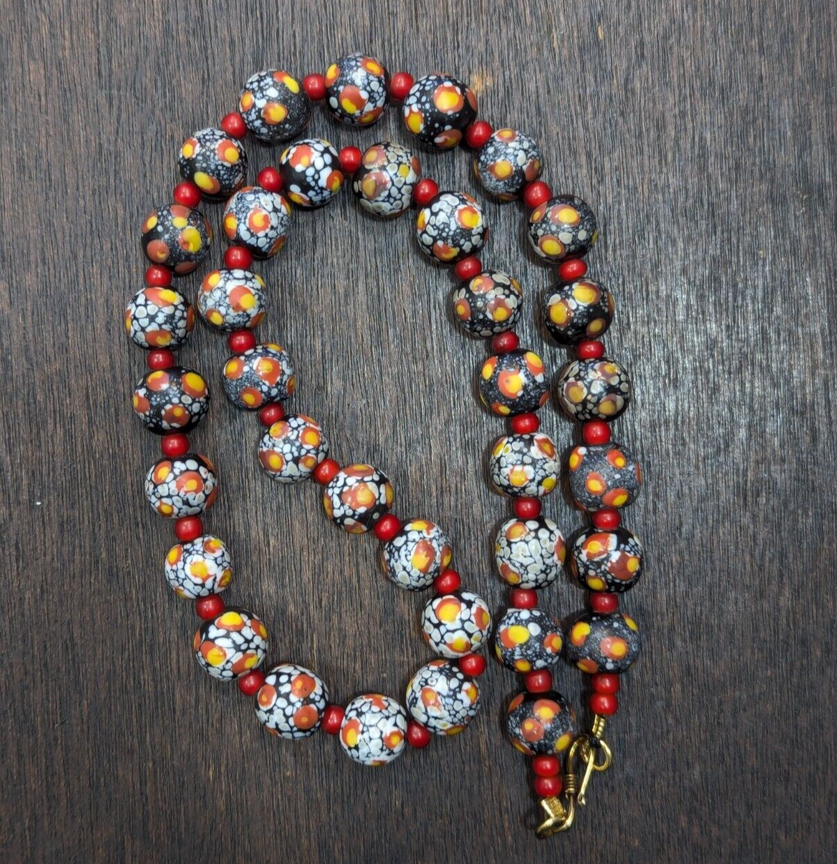 Vintage Venetian Red White Heart and Eyes Art Glass Bead Necklace