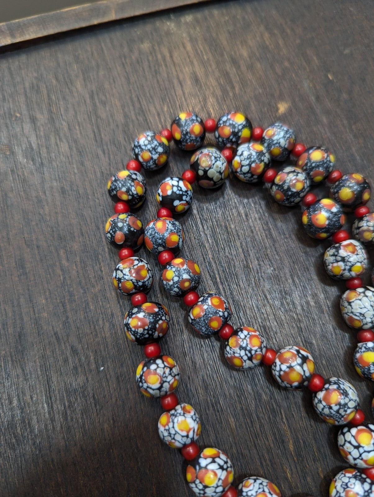 Vintage Venetian Red White Heart and Eyes Art Glass Bead Necklace