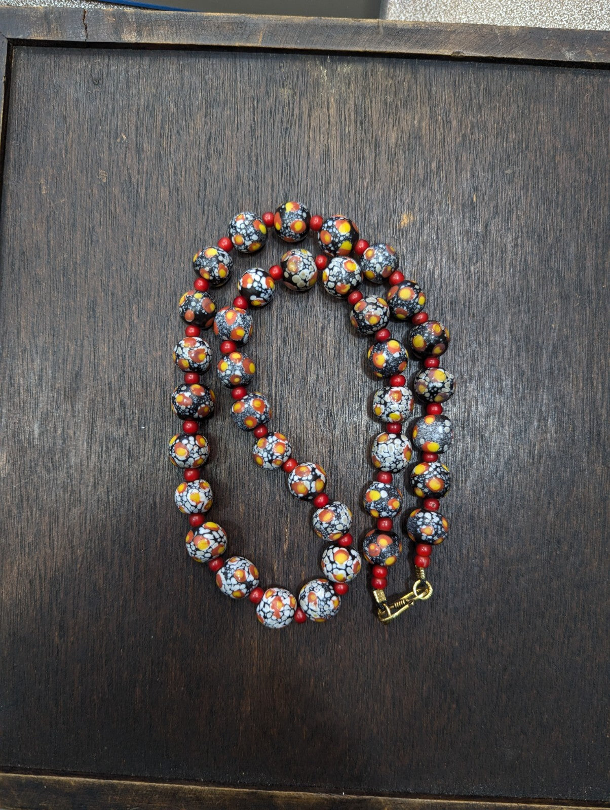 Vintage Venetian Red White Heart and Eyes Art Glass Bead Necklace