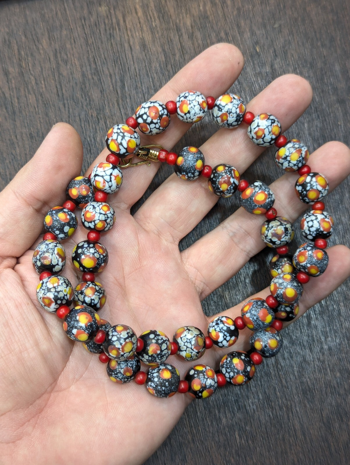 Vintage Venetian Red White Heart and Eyes Art Glass Bead Necklace