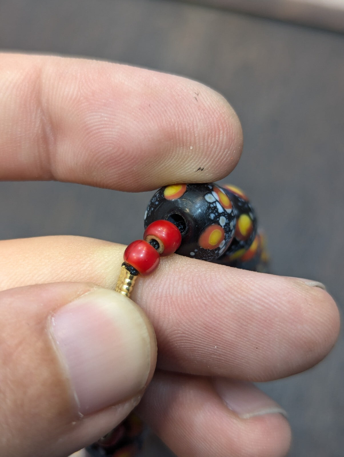 Vintage Venetian Red White Heart and Eyes Art Glass Bead Necklace