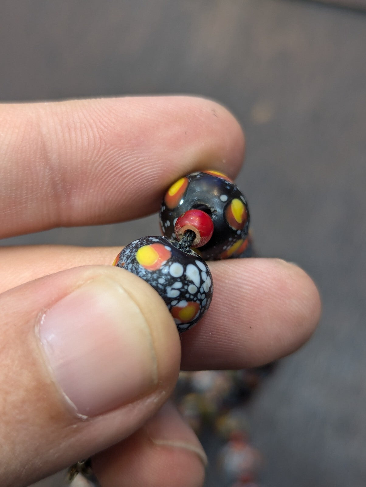 Vintage Venetian Red White Heart and Eyes Art Glass Bead Necklace