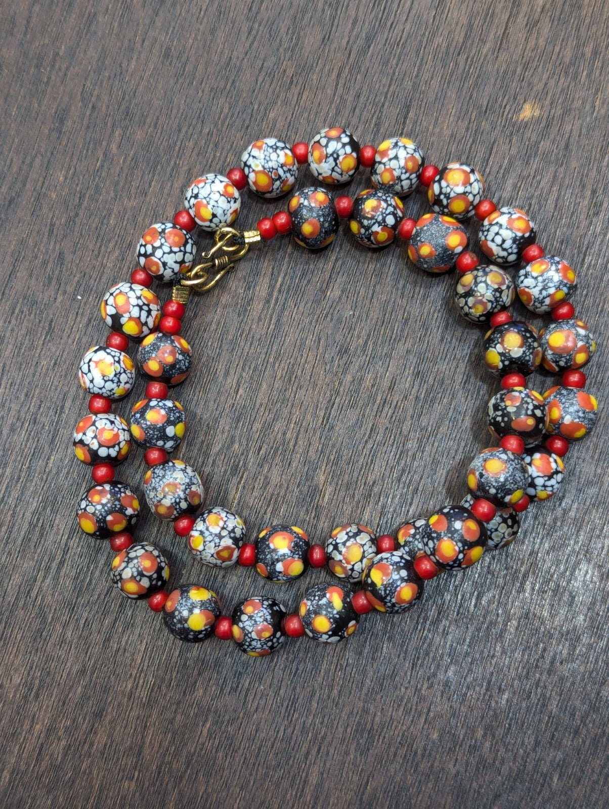 Vintage Venetian Red White Heart and Eyes Art Glass Bead Necklace