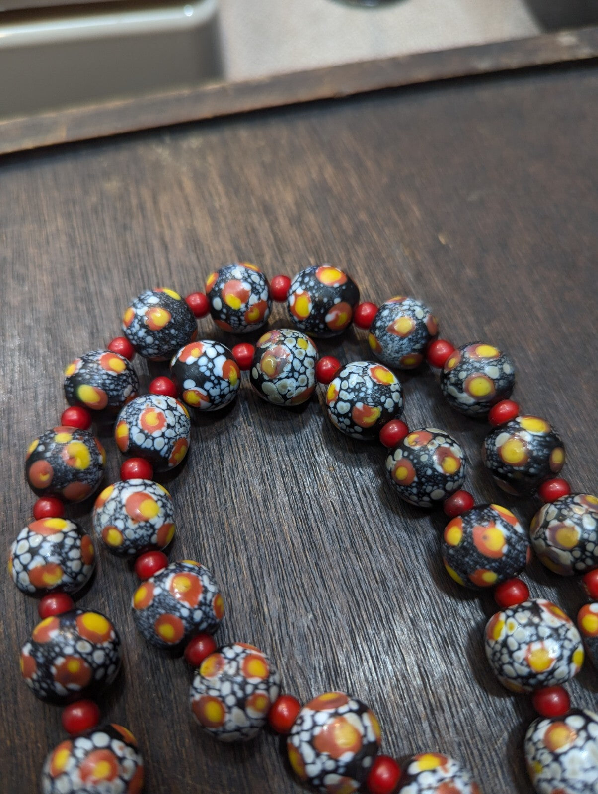 Vintage Venetian Red White Heart and Eyes Art Glass Bead Necklace