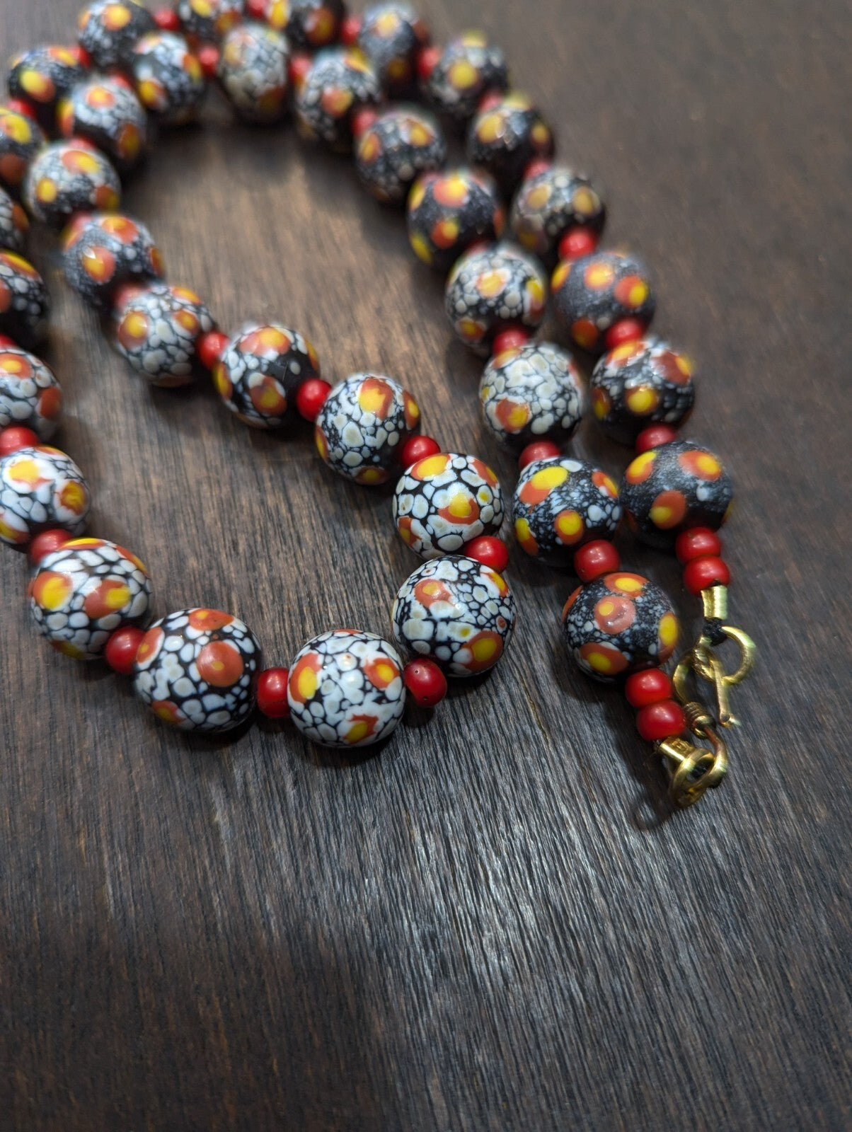 Vintage Venetian Red White Heart and Eyes Art Glass Bead Necklace