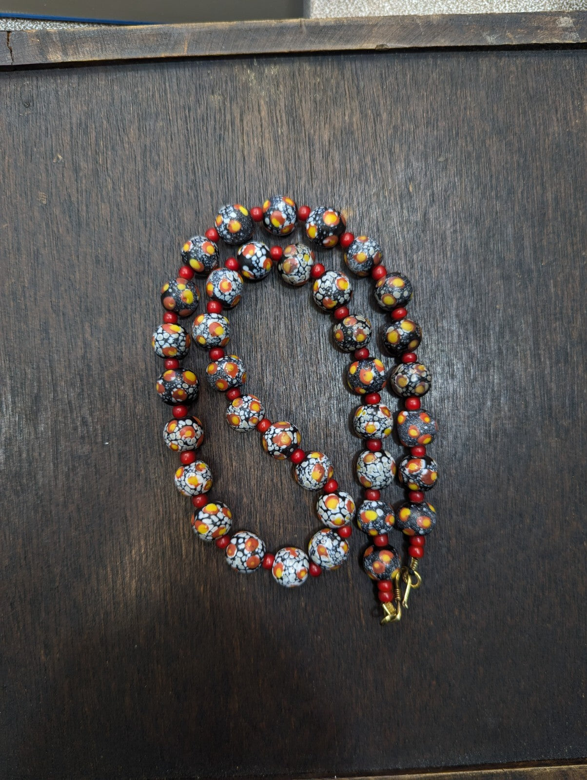 Vintage Venetian Red White Heart and Eyes Art Glass Bead Necklace