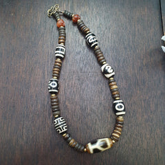HIMALAYAN Indo Tibetan 7 Dzi Agate beads with yak bone beaded necklace