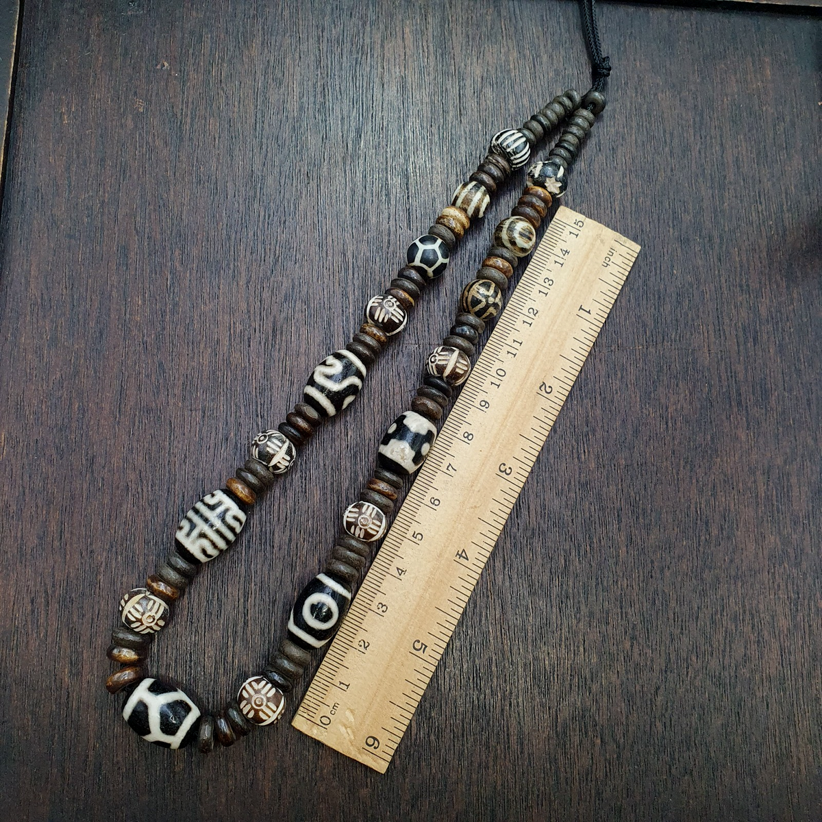 HIMALAYAN Indo Tibetan 5 Dzi Agate beads pumtek carving yak bone beaded necklace