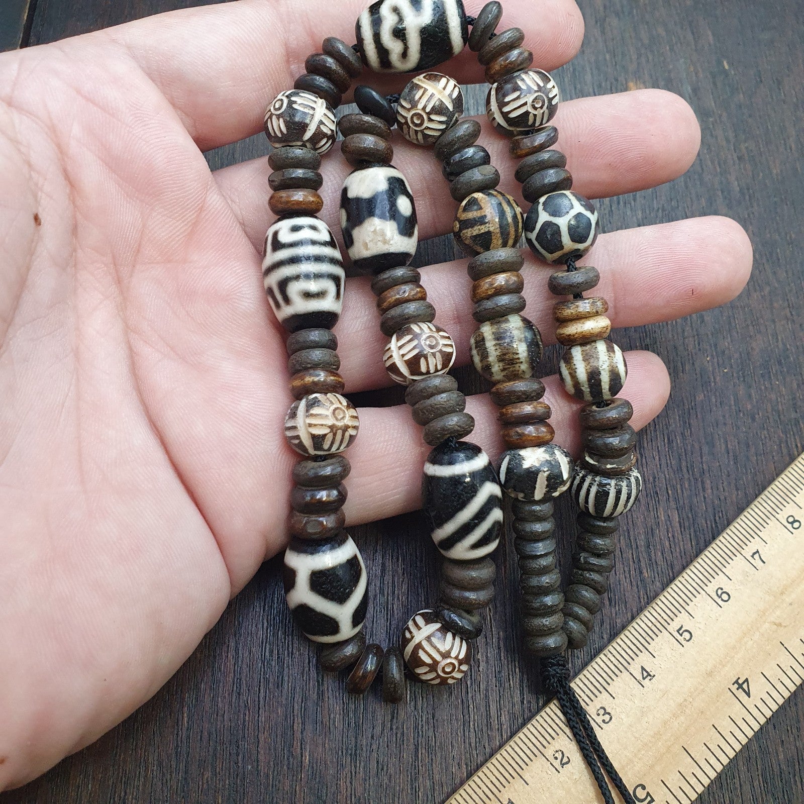 HIMALAYAN Indo Tibetan 5 Dzi Agate beads pumtek carving yak bone beaded necklace