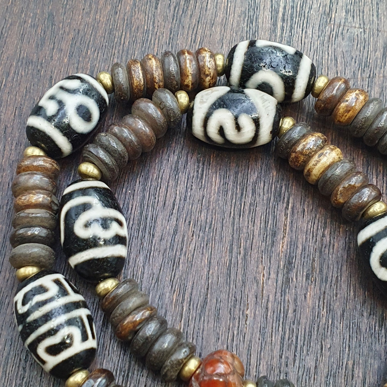 HIMALAYAN Indo Tibetan 7 Dzi Agate beads with yak bone beaded necklace