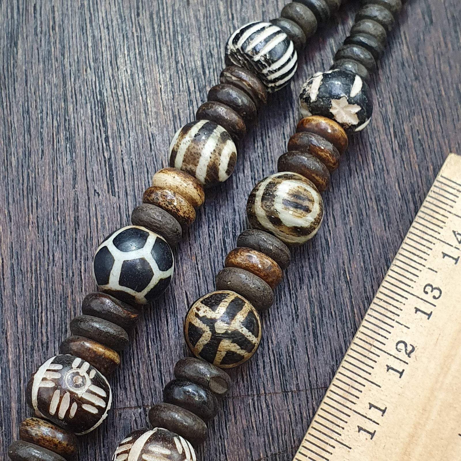 HIMALAYAN Indo Tibetan 5 Dzi Agate beads pumtek carving yak bone beaded necklace