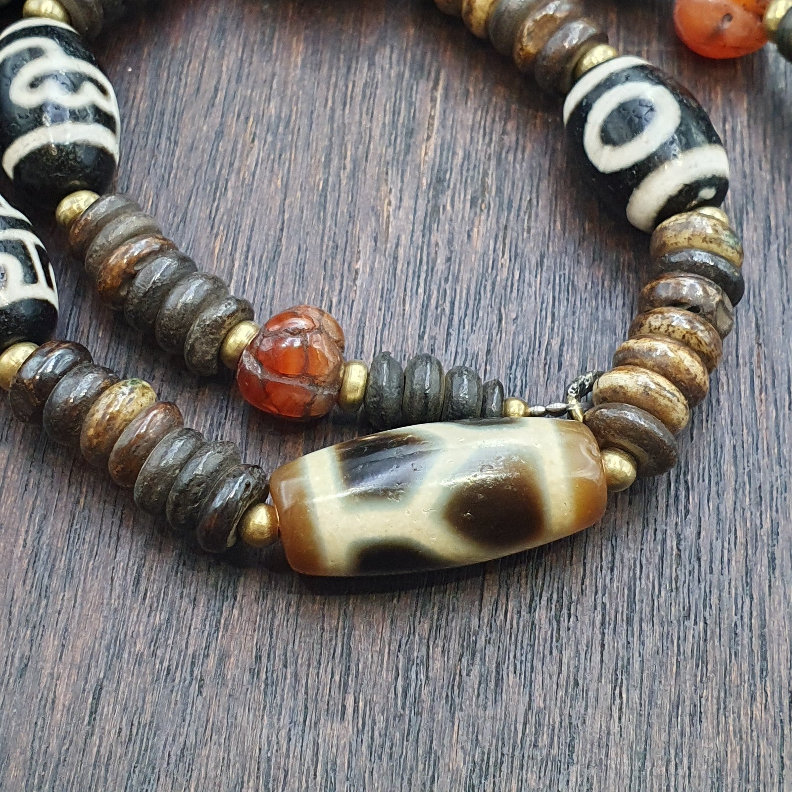 HIMALAYAN Indo Tibetan 7 Dzi Agate beads with yak bone beaded necklace