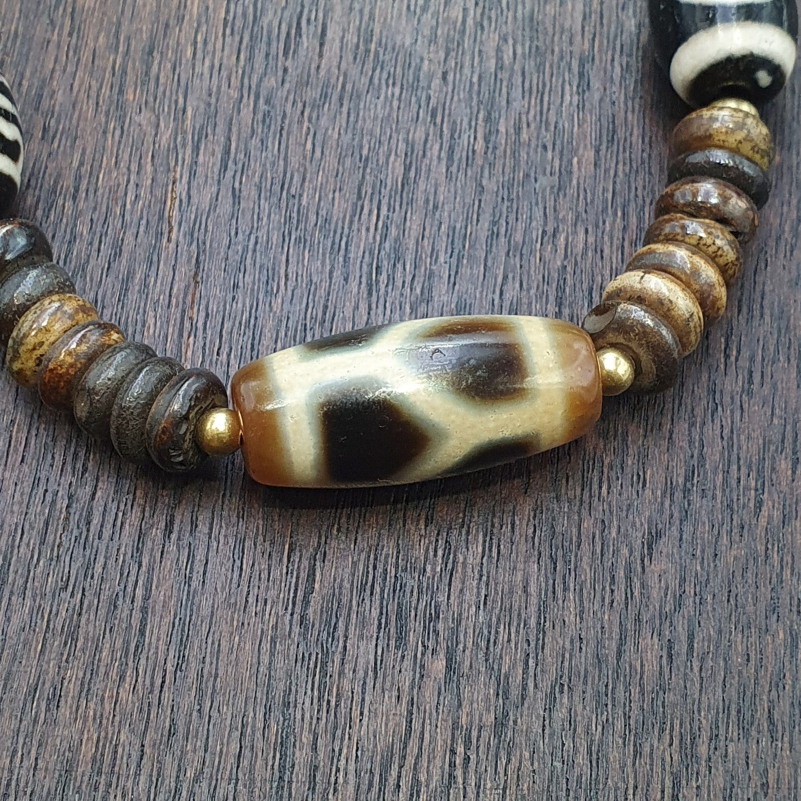 HIMALAYAN Indo Tibetan 7 Dzi Agate beads with yak bone beaded necklace