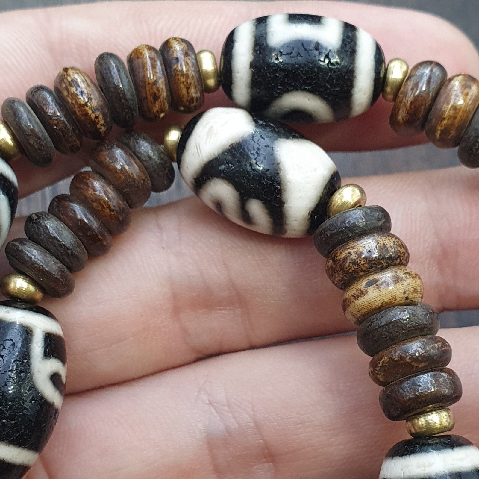 HIMALAYAN Indo Tibetan 7 Dzi Agate beads with yak bone beaded necklace