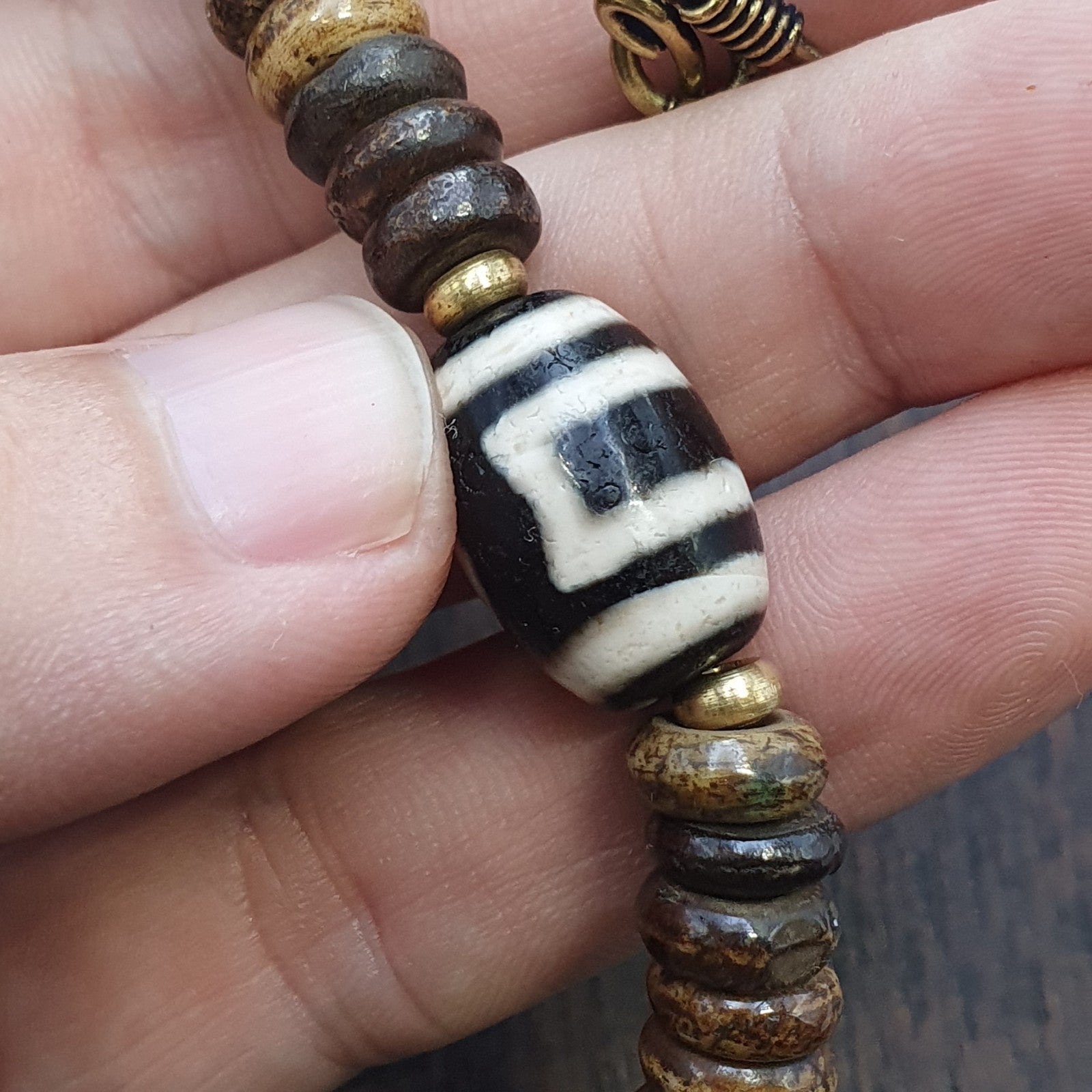 HIMALAYAN Indo Tibetan 7 Dzi Agate beads with yak bone beaded necklace