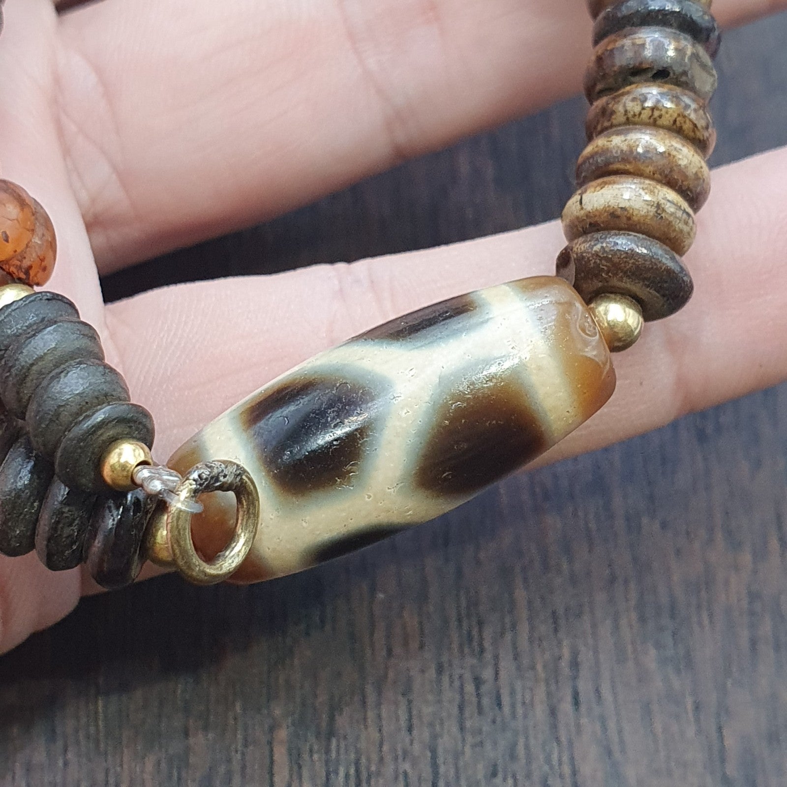 HIMALAYAN Indo Tibetan 7 Dzi Agate beads with yak bone beaded necklace