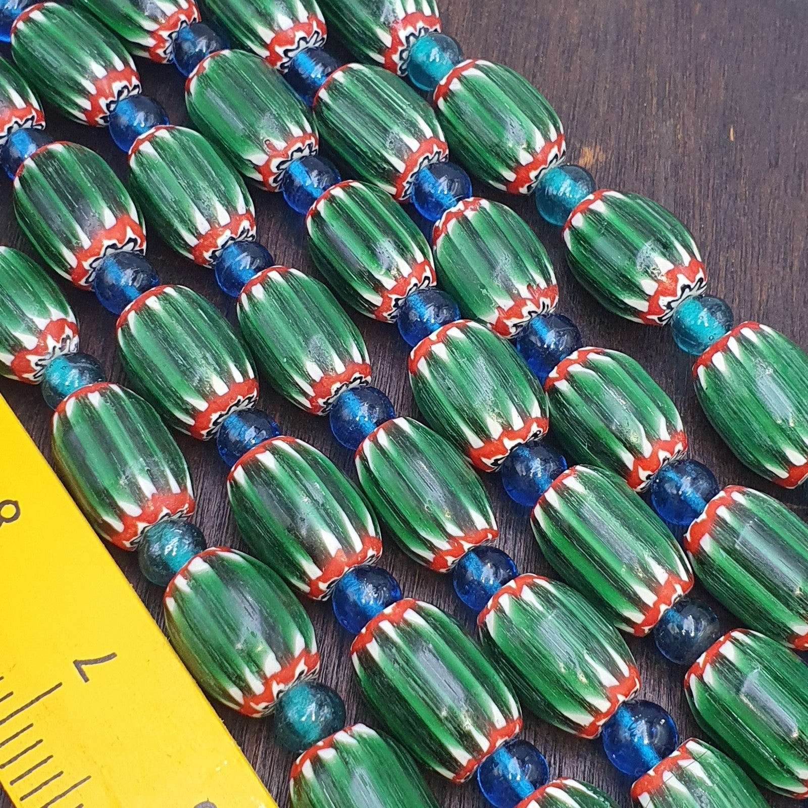 Big size Vintage Venetian Style Old green Chevron Glass Beads Long Strand