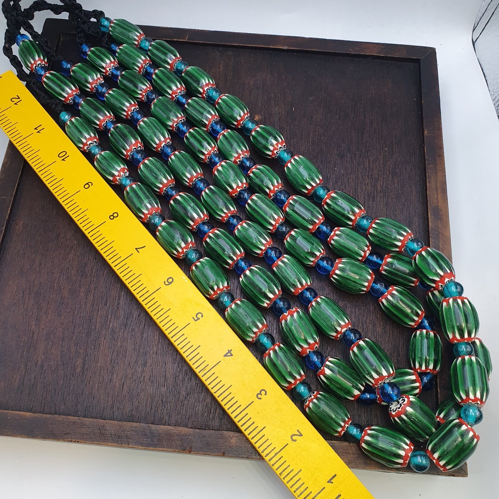 Big size Vintage Venetian Style Old green Chevron Glass Beads Long Strand