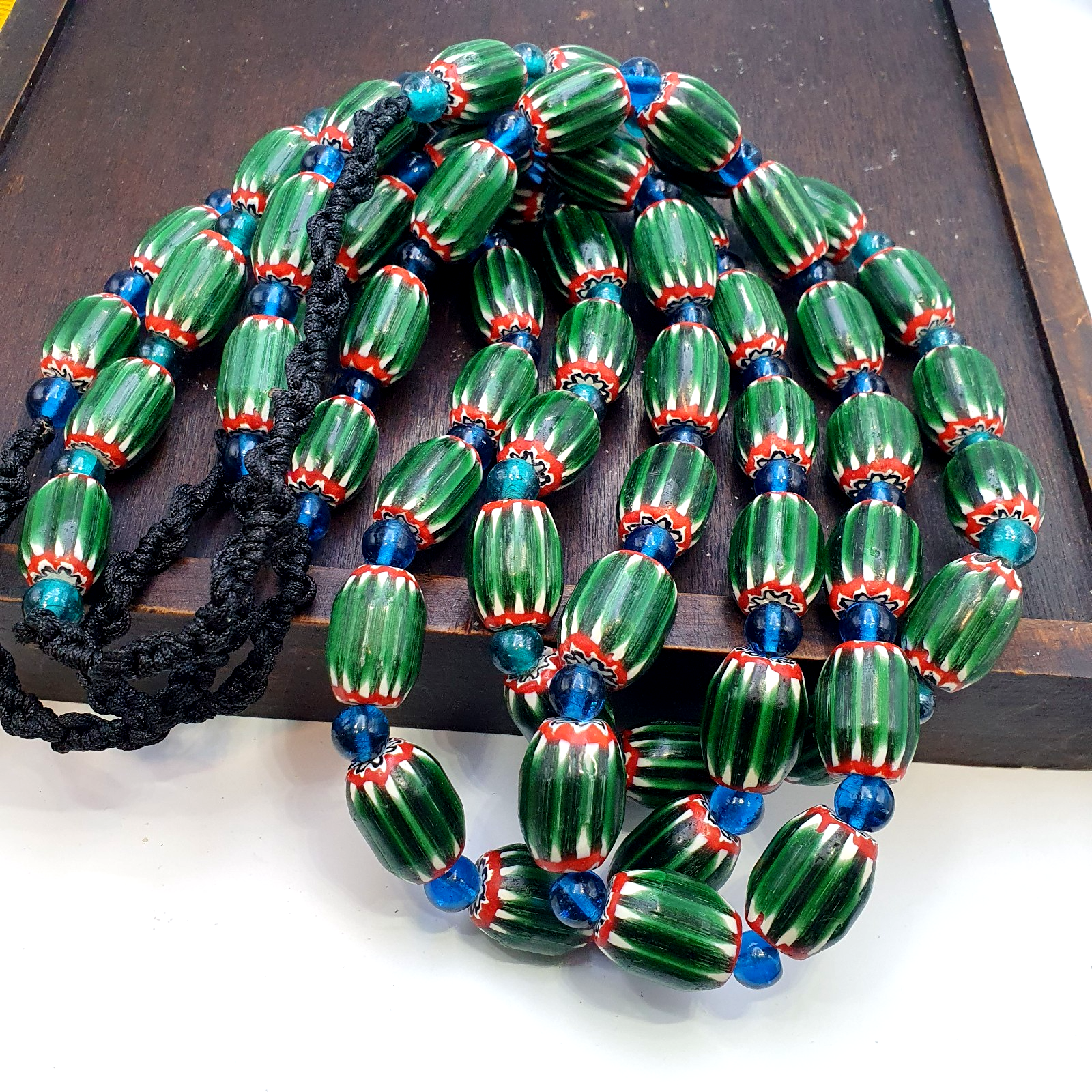 Big size Vintage Venetian Style Old green Chevron Glass Beads Long Strand