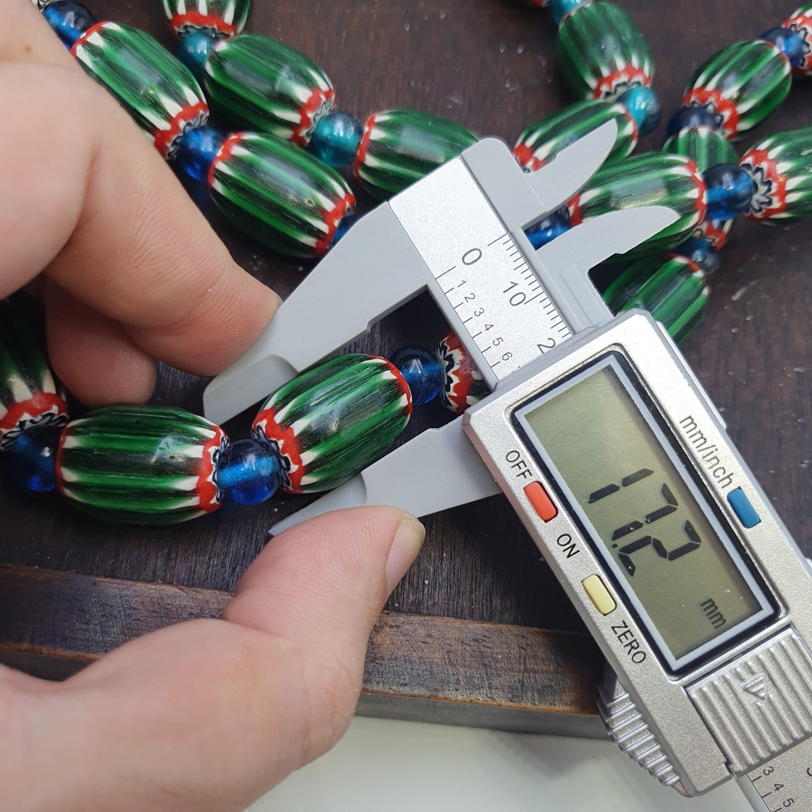 Big size Vintage Venetian Style Old green Chevron Glass Beads Long Strand