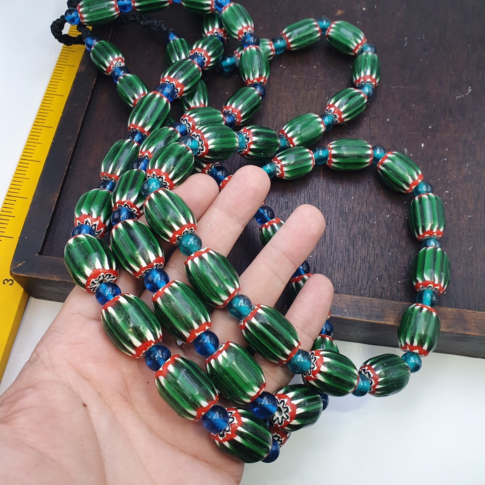 Big size Vintage Venetian Style Old green Chevron Glass Beads Long Strand