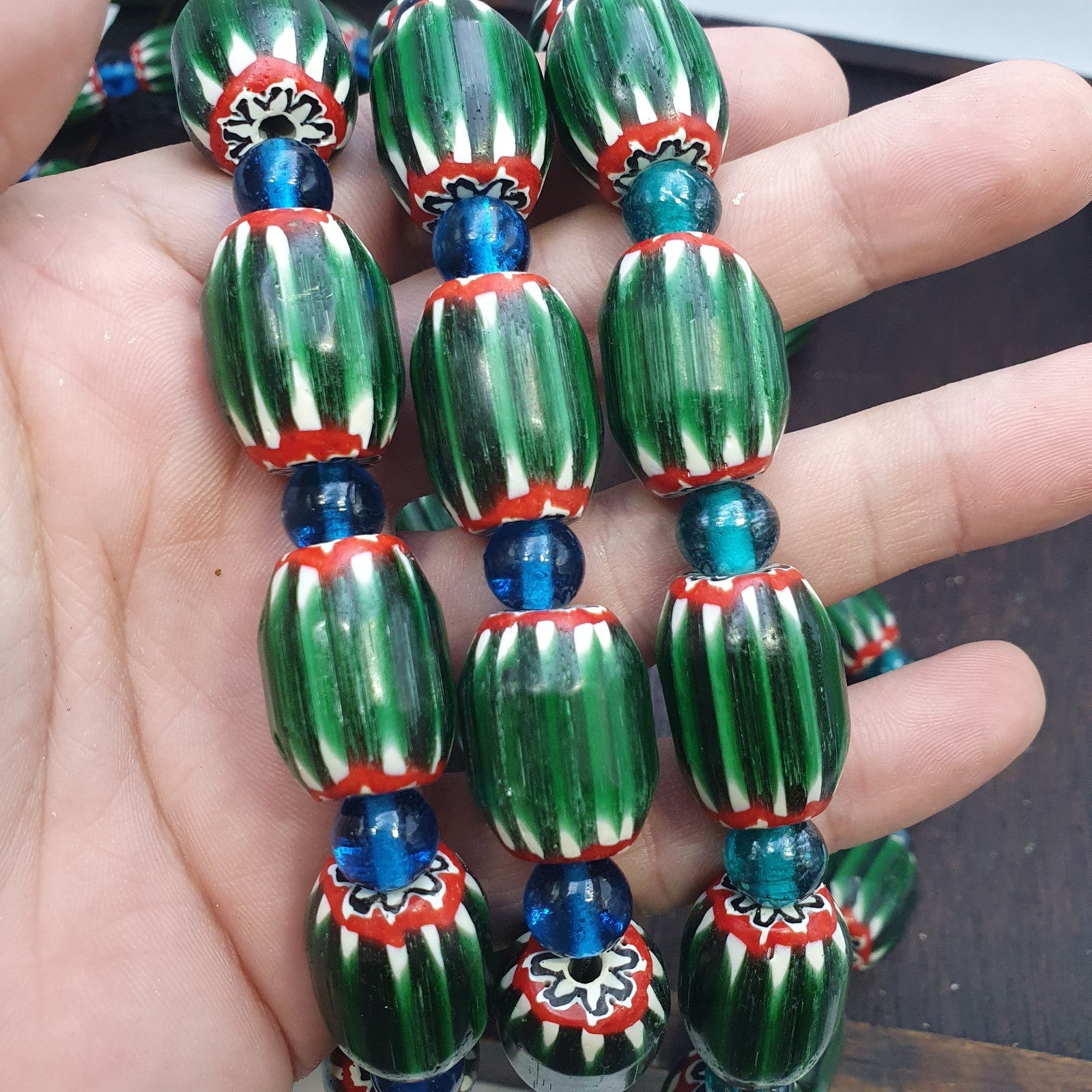 Big size Vintage Venetian Style Old green Chevron Glass Beads Long Strand