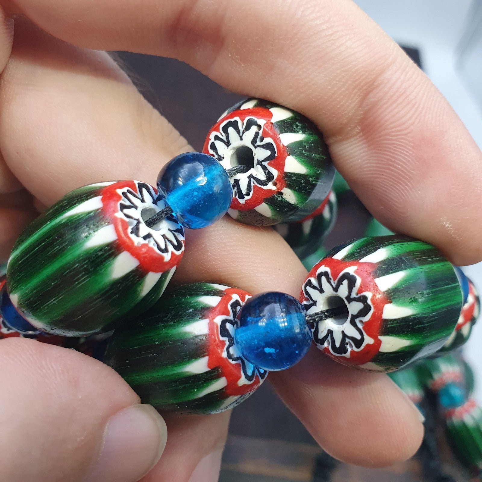 Big size Vintage Venetian Style Old green Chevron Glass Beads Long Strand