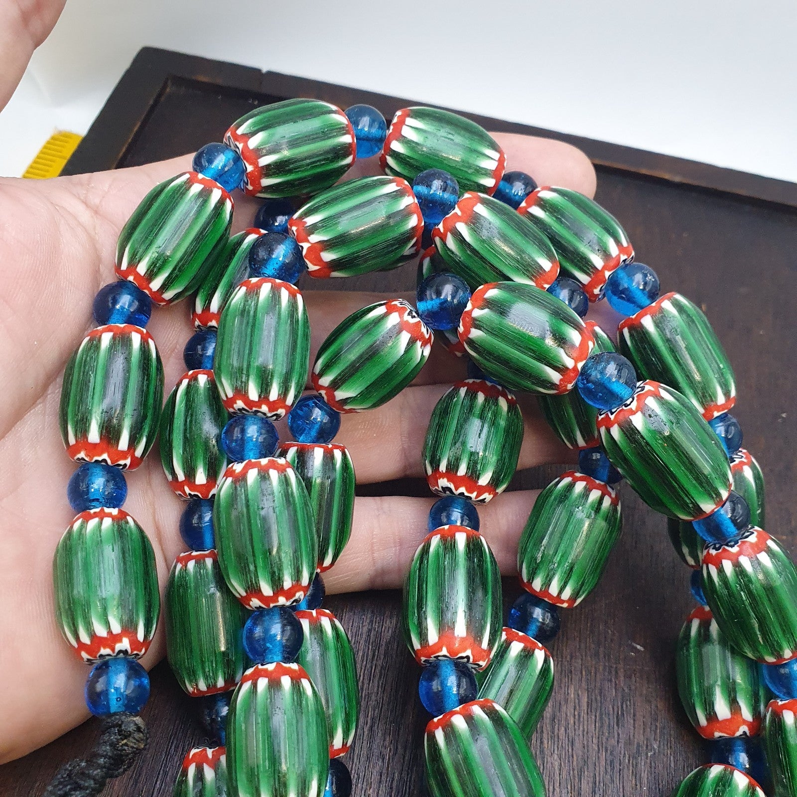 Big size Vintage Venetian Style Old green Chevron Glass Beads Long Strand