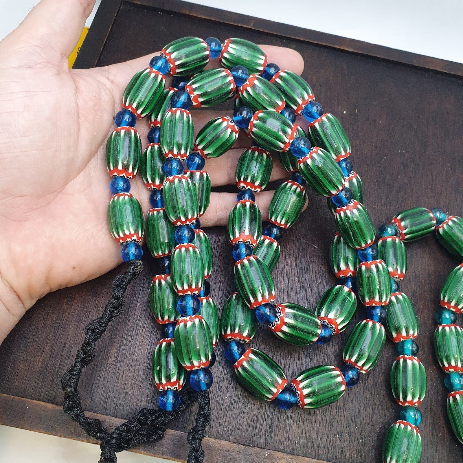 Big size Vintage Venetian Style Old green Chevron Glass Beads Long Strand