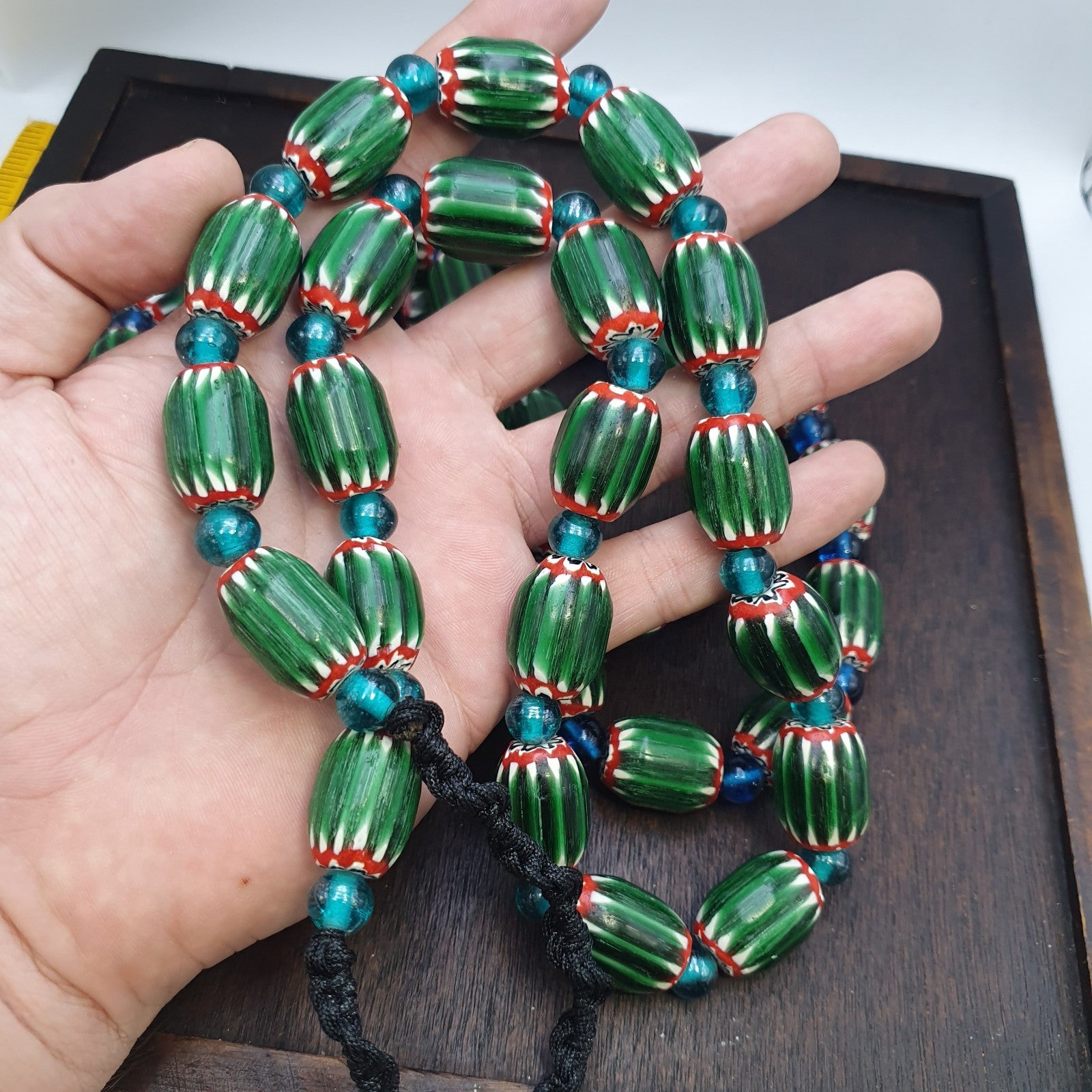 Big size Vintage Venetian Style Old green Chevron Glass Beads Long Strand