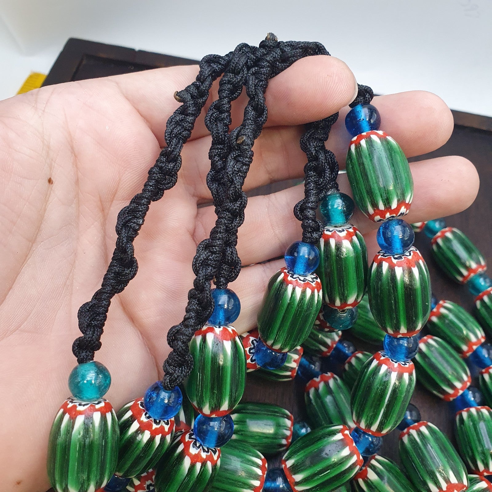 Big size Vintage Venetian Style Old green Chevron Glass Beads Long Strand