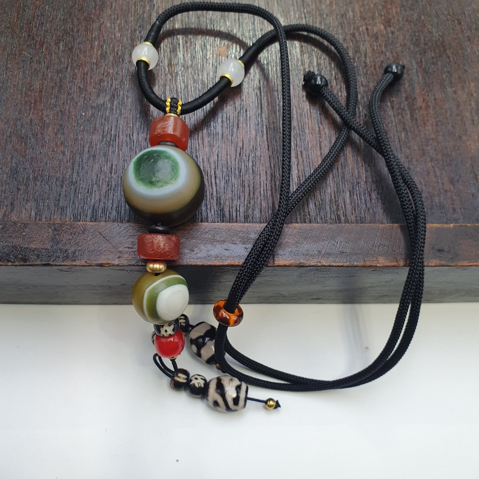 Natural Mongolia Gobi Eyes Agate & Tibetan Carnelian Stone Bead Necklace