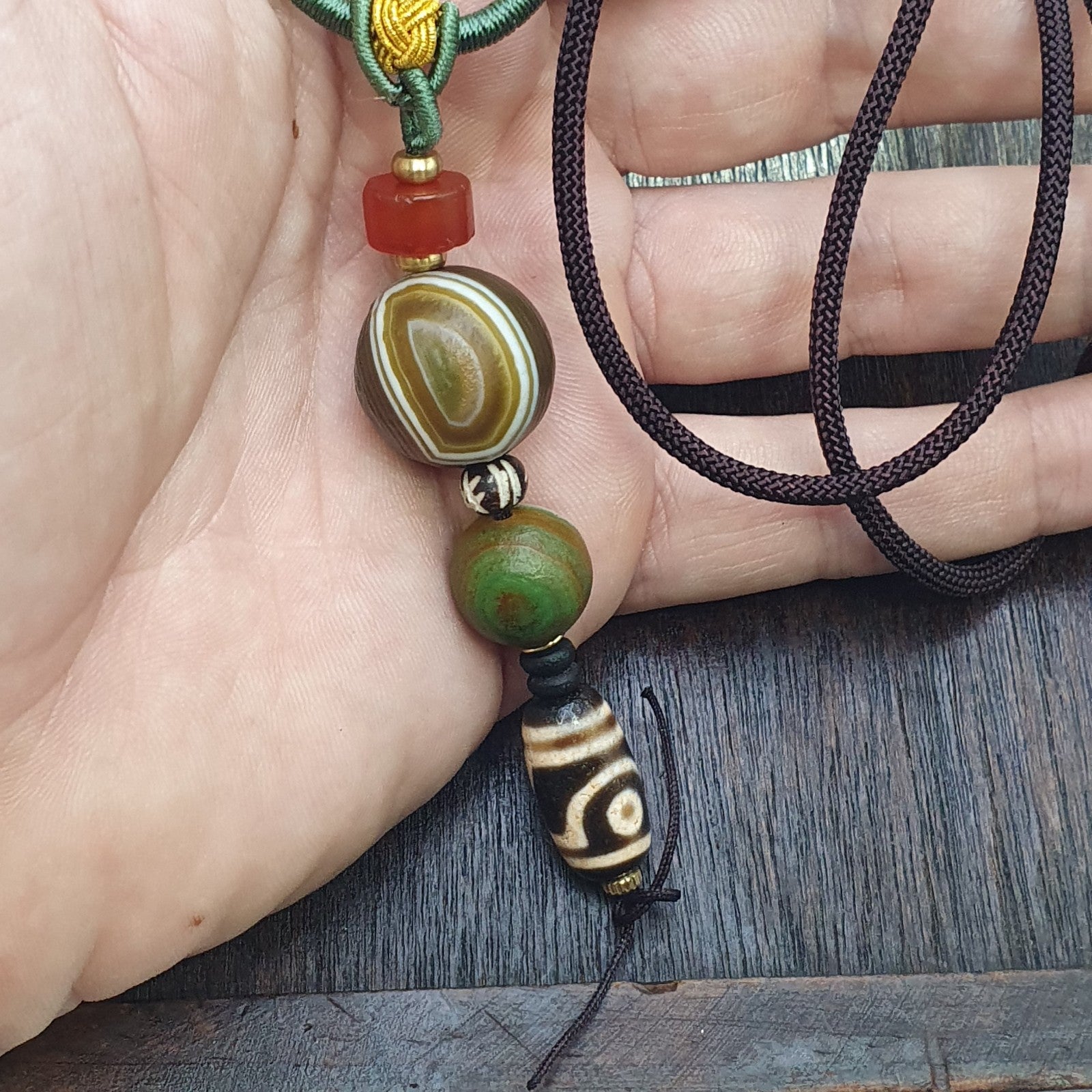 Natural Mongolia Gobi Eyes Agate & Tibetan Dzi Agate Carnelian Bead Necklace