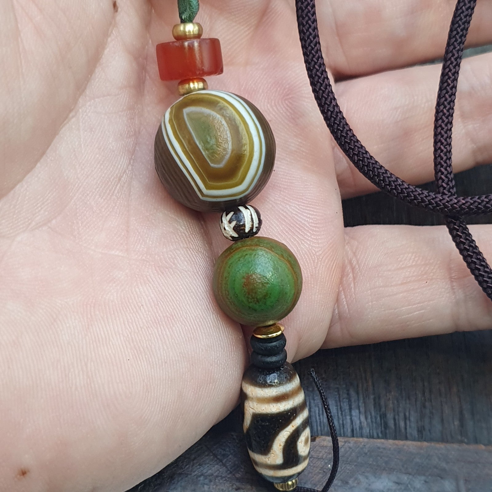 Natural Mongolia Gobi Eyes Agate & Tibetan Dzi Agate Carnelian Bead Necklace