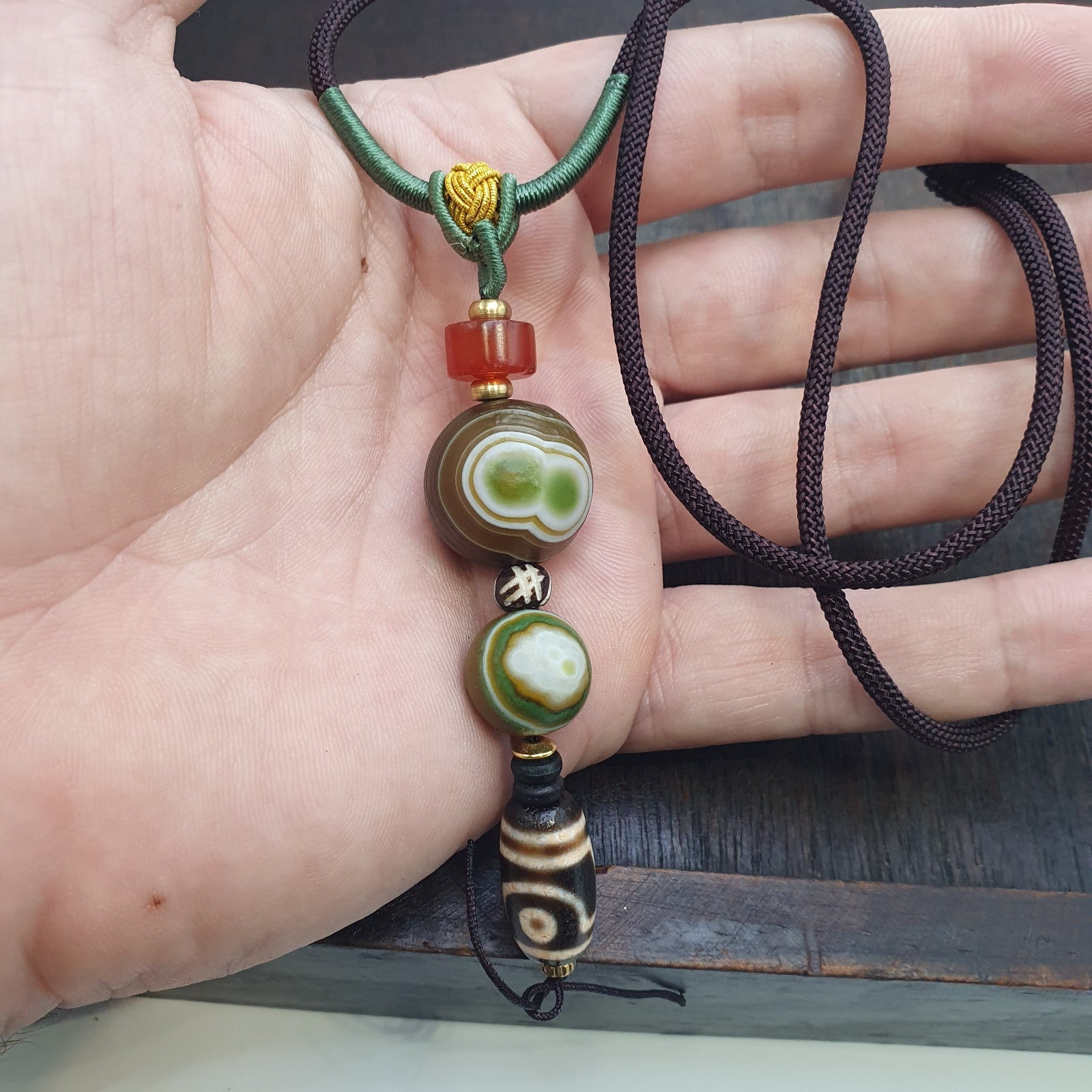 Natural Mongolia Gobi Eyes Agate & Tibetan Dzi Agate Carnelian Bead Necklace